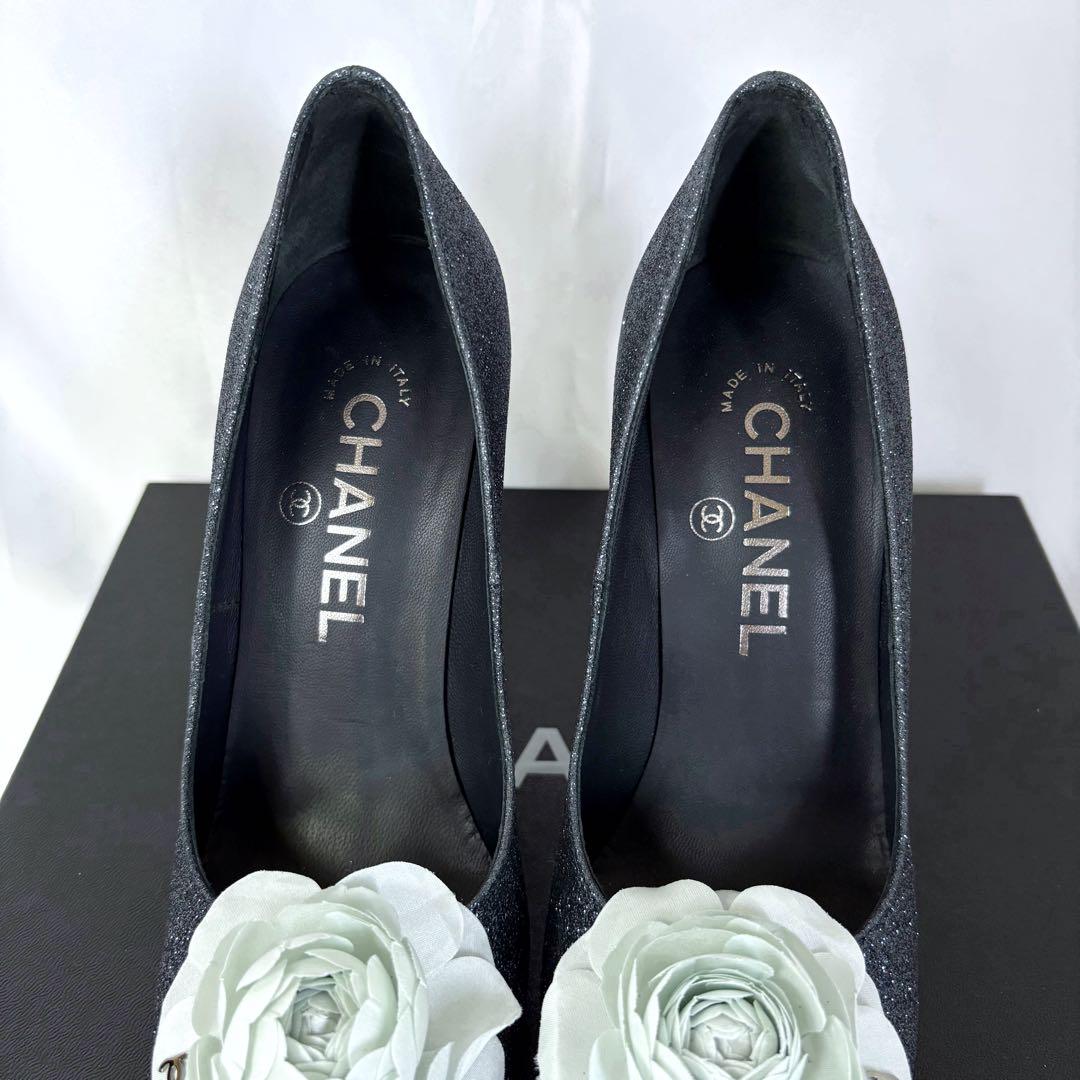 CHANEL シャネル　ヒール　グリッター　ラメ　カメリア　ココマーク　ネイビー
