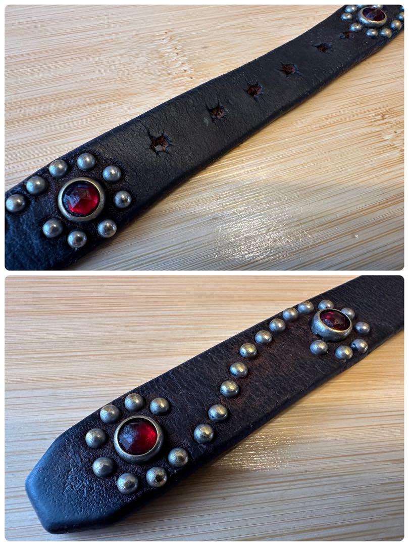 ⭐️HTC⭐️クリアレッド×シルバースタッズ⭐️ナローベルト ⭐️ブラックレザー(茶芯)