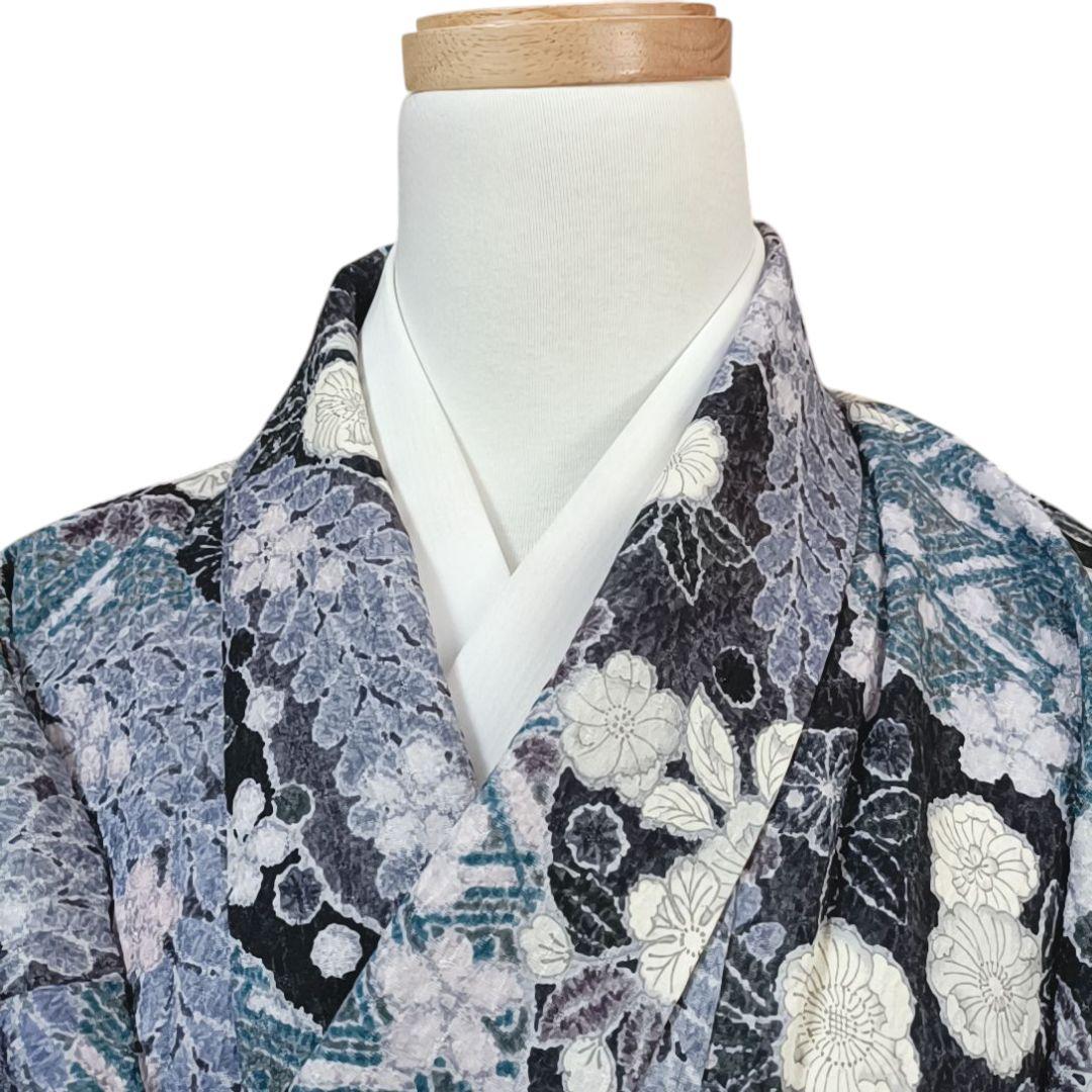 670 華 着物 袷 辻ヶ花 絞り 花 黒 紫