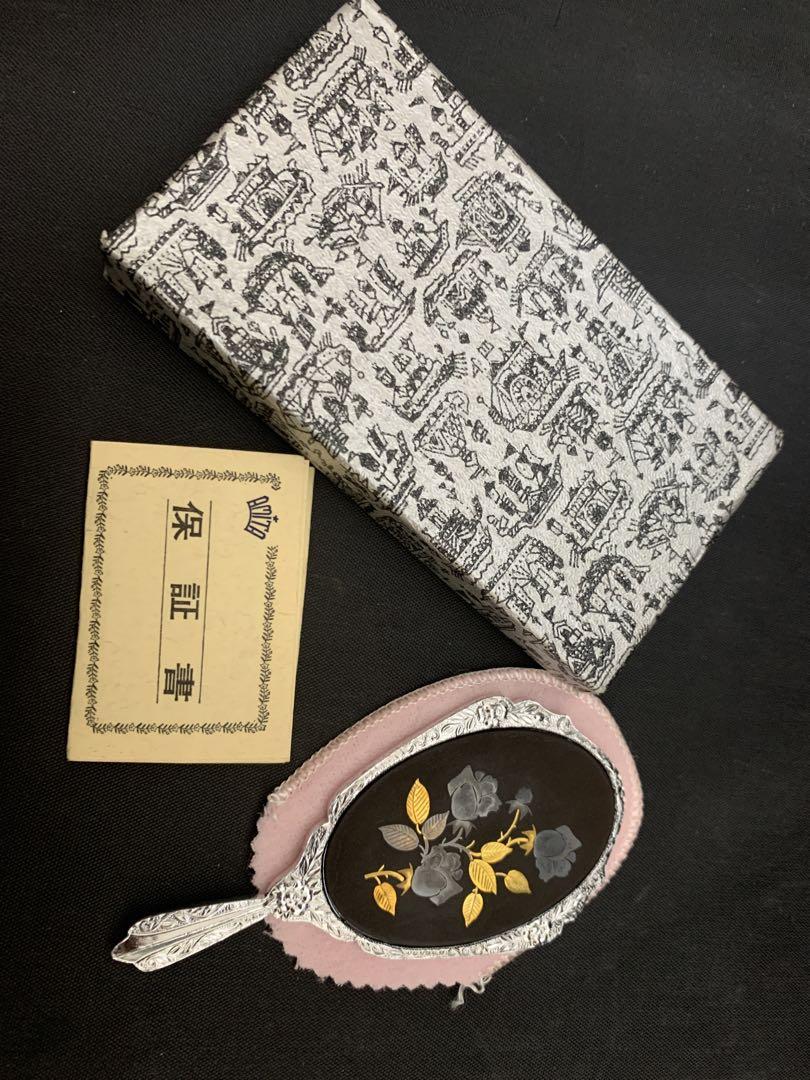 ビンテージ AMITA コンパクトミラー手持ち鏡薔薇象嵌 金銀象嵌 和風
