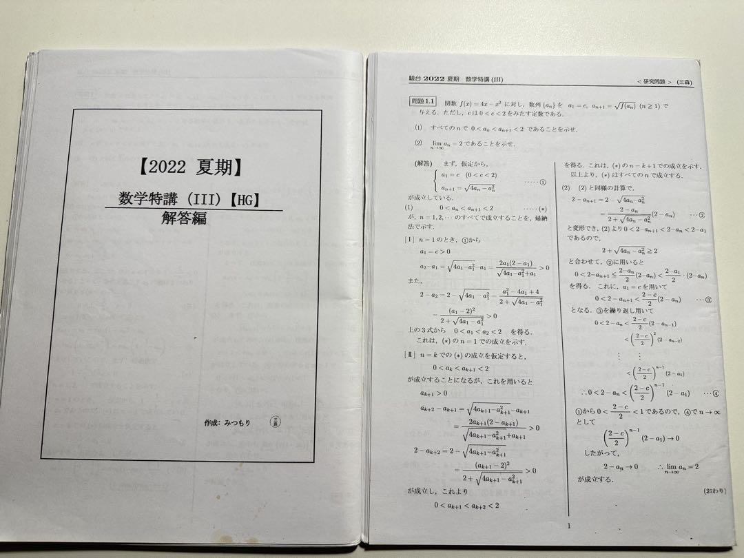 駿台　夏期講習　数学特講Ⅲ 三森司先生　プリント