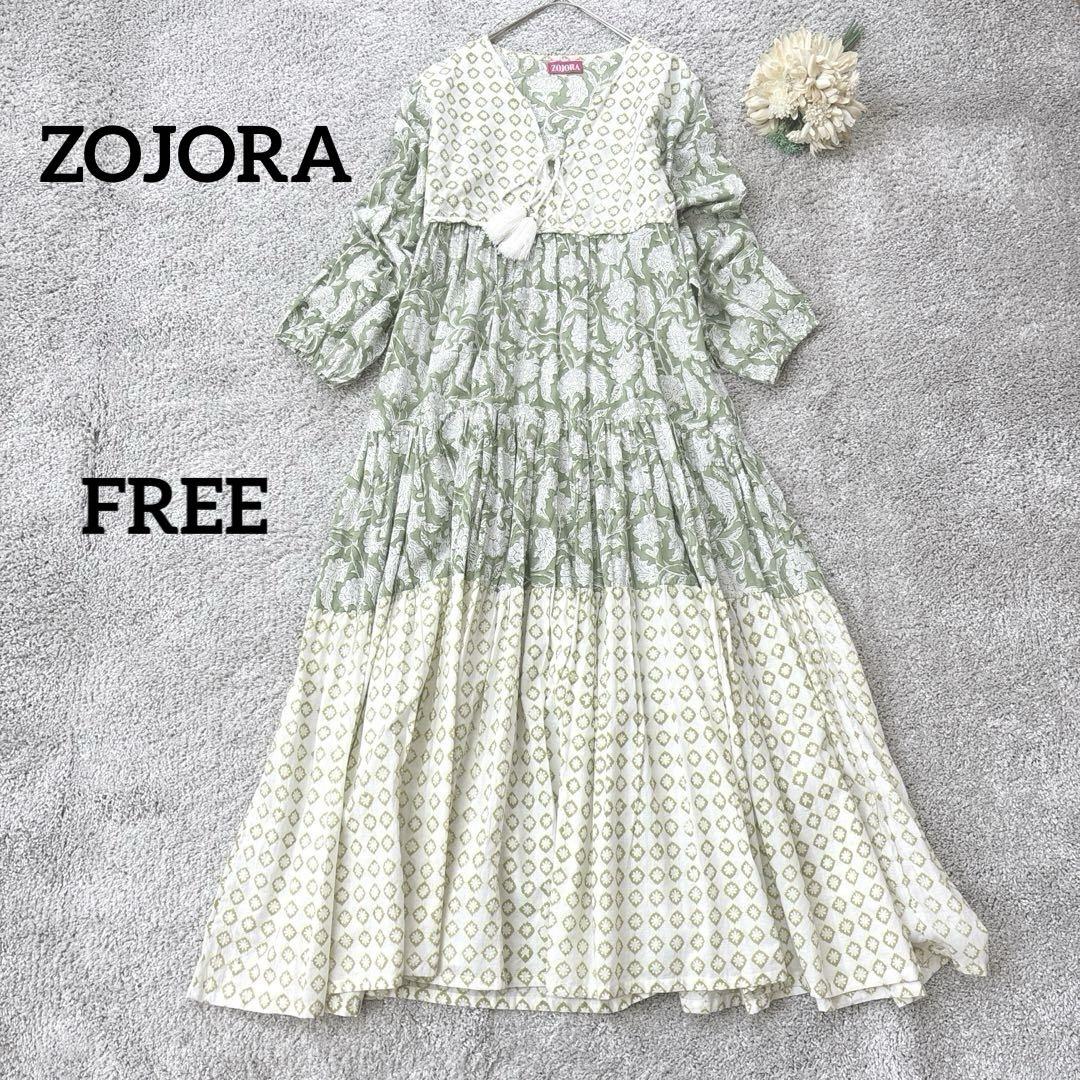 ZOJORA ブロックプリント ロングワンピース マキシ グリーン プリーツ