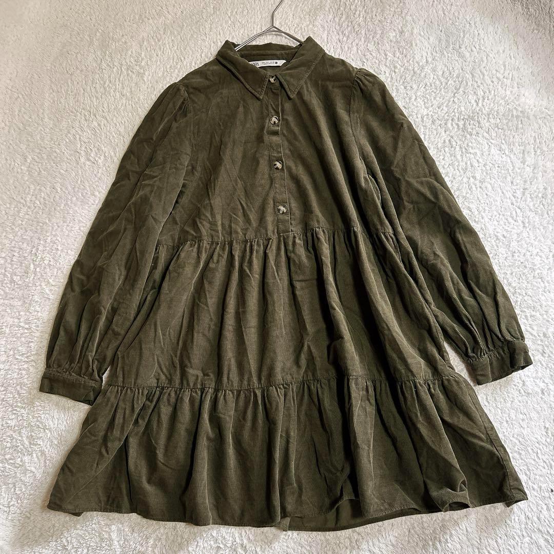 ZARA コージュロイ ティアードワンピース L グリーン系