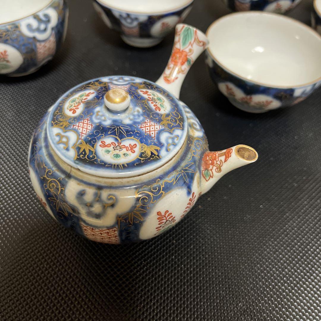 骨董屋専用　九谷焼金彩福在銘茶器セット明治時代共箱