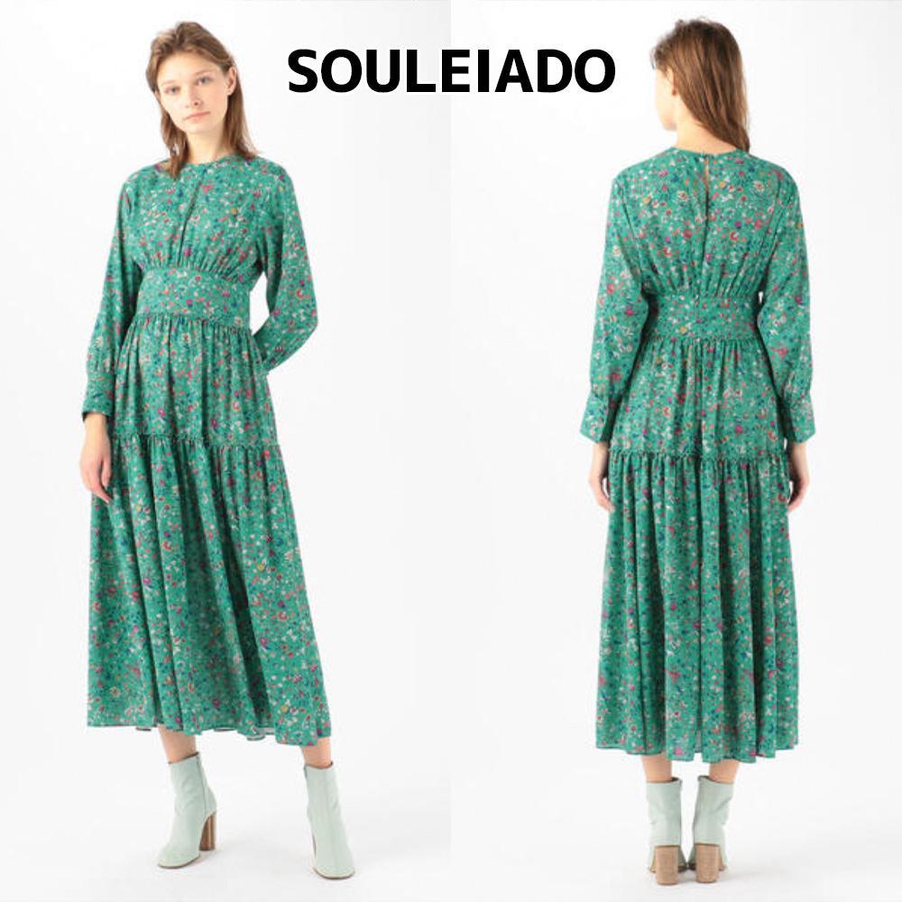 SOULEIADO　ポリエステルプリント ティアードワンピース　フラワー　花柄