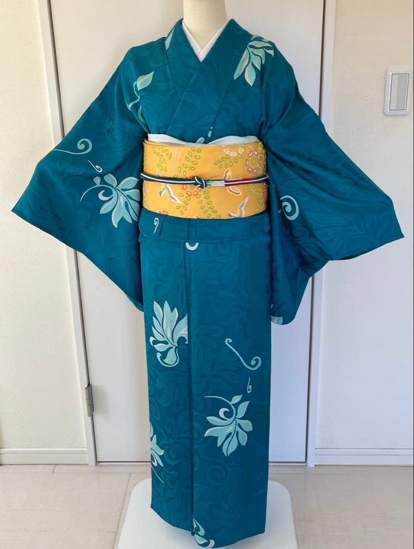 【特選】秀美友禅の単衣小紋　植物文　浅葱色　正絹　身丈167裄70⭐︎着物のみ