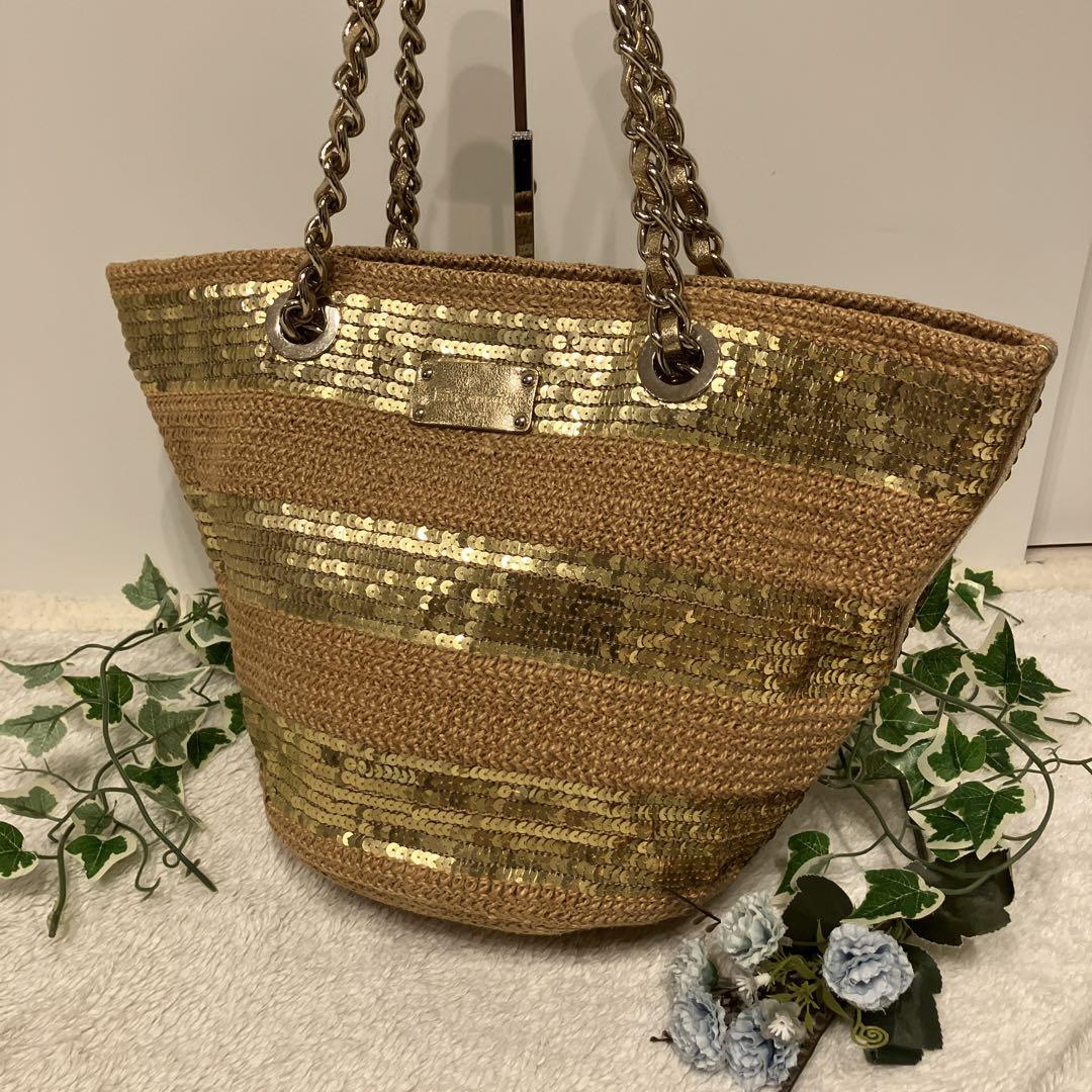 【美品】ケイトスペードカゴバック ショルダーバック スパンコール ゴールド 麻 5,600円