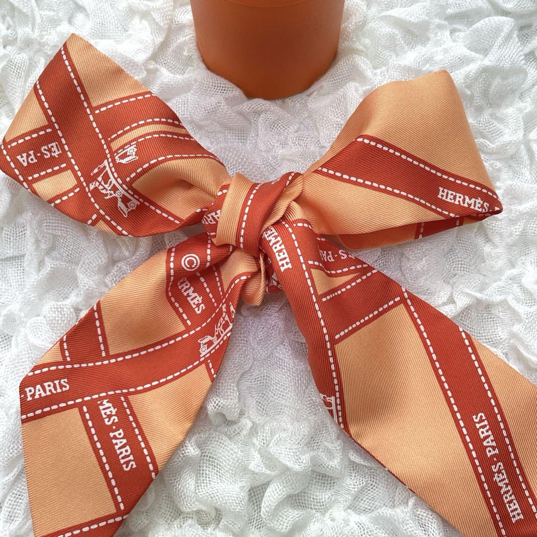 【２本セット】　HERMES エルメス　ツイリー　ボルデュック　オレンジ 良品✨ エルメス ツイリー ボルデュック リボン スカーフ 2本