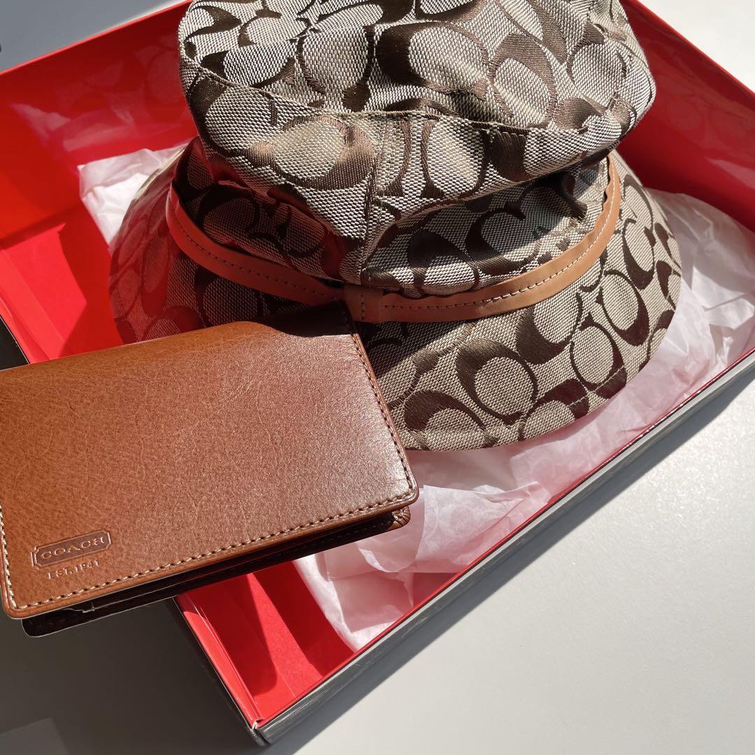 未使用COACH バケットハット ブラウン/ベージュ　専用袋付き　サイズ P/S 新品未使用】COACH バケットハット ベージュ/ブラウン カード