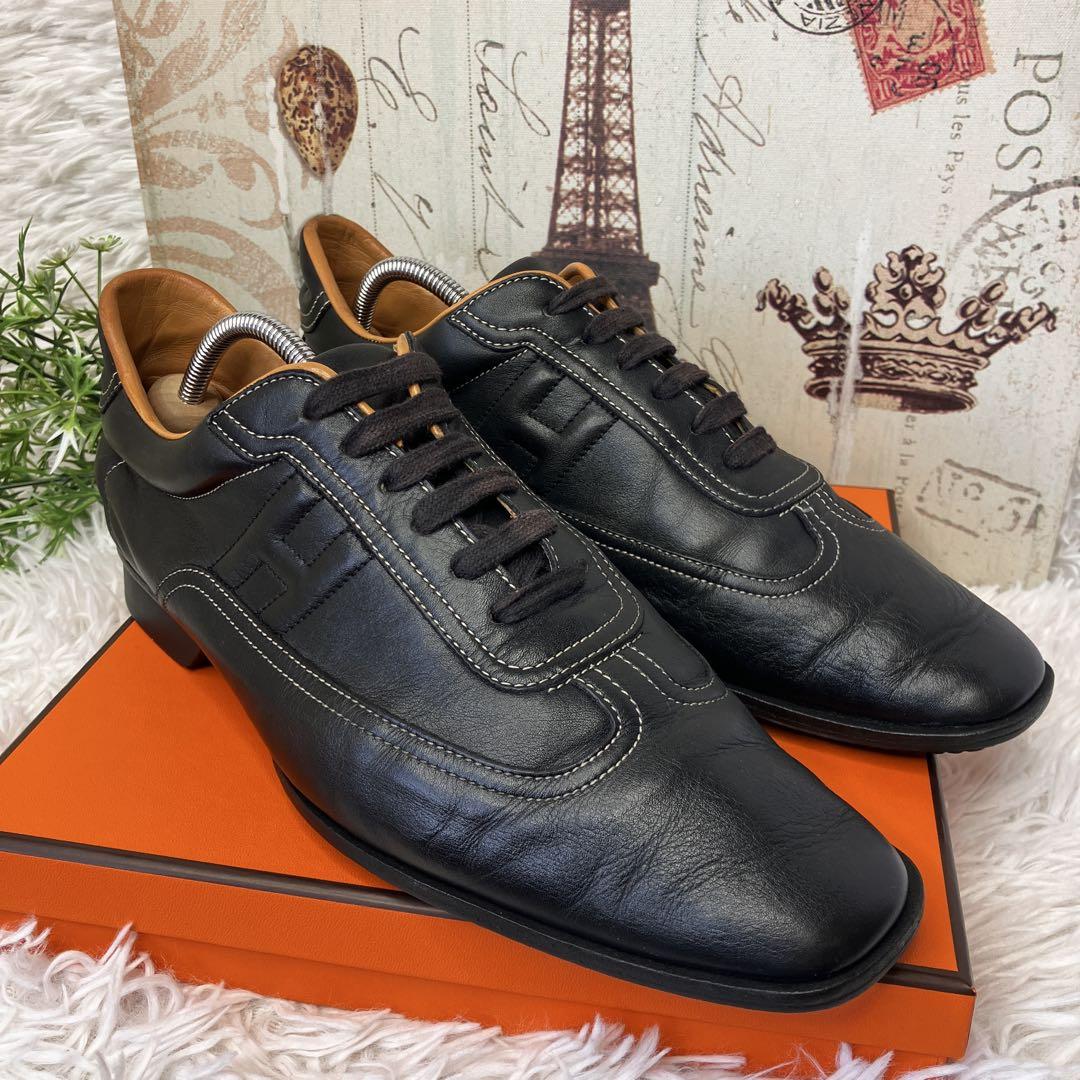 箱付き✨HERMES エルメス クイックスニーカーHロゴ黒ブラック本革レザー靴 エルメス HERMES (36.5) レザースニーカー クイック Hロゴ 黒