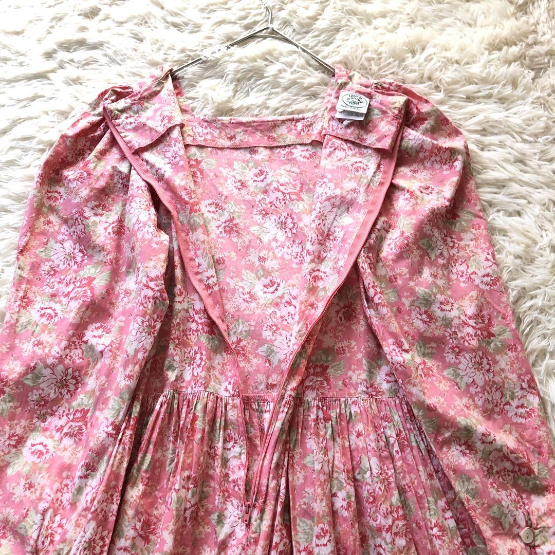 ローラアシュレイ　コットン100% ピンク パフスリーブ ロングワンピースUS8 ローラアシュレイ【XL】コットン100%花柄ロングワンピース