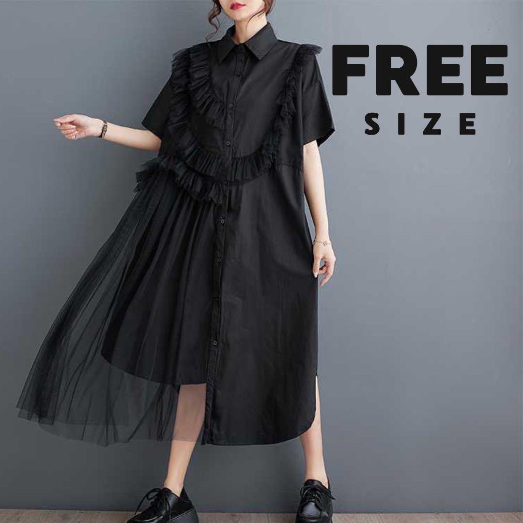 ロング ワンピース 黒 シャツワンピ モード系 ゴスロリ