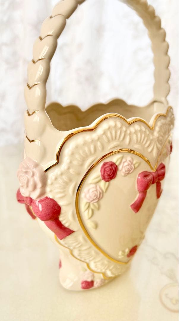 レノックス アンティーク 陶器 バスケット フラワー ベース リボン ハート レノックス アンティーク 陶器 バスケット フラワー ベース リボン ハート