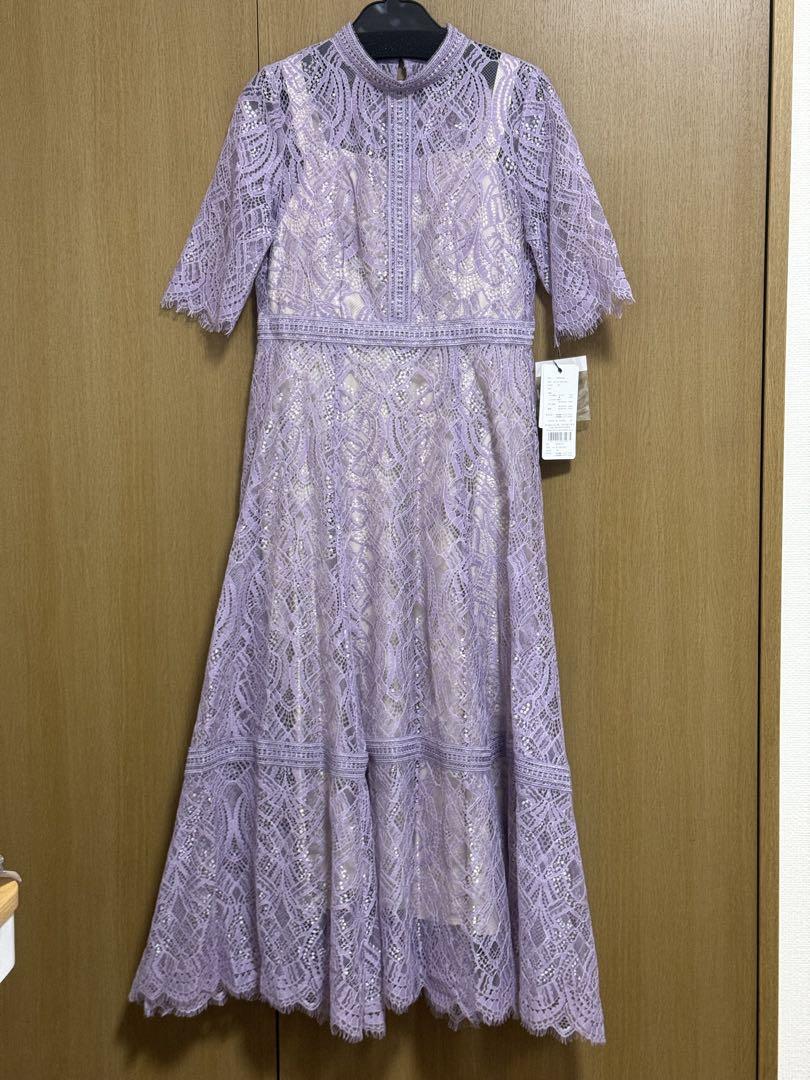【新品】プチハイネックレース切替ハイウエストミモレ丈 結婚式 ワンピース ドレス