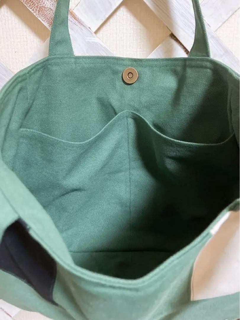 ぽってりお洒落♡帆布パッチワークトートバッグ♡グリーン