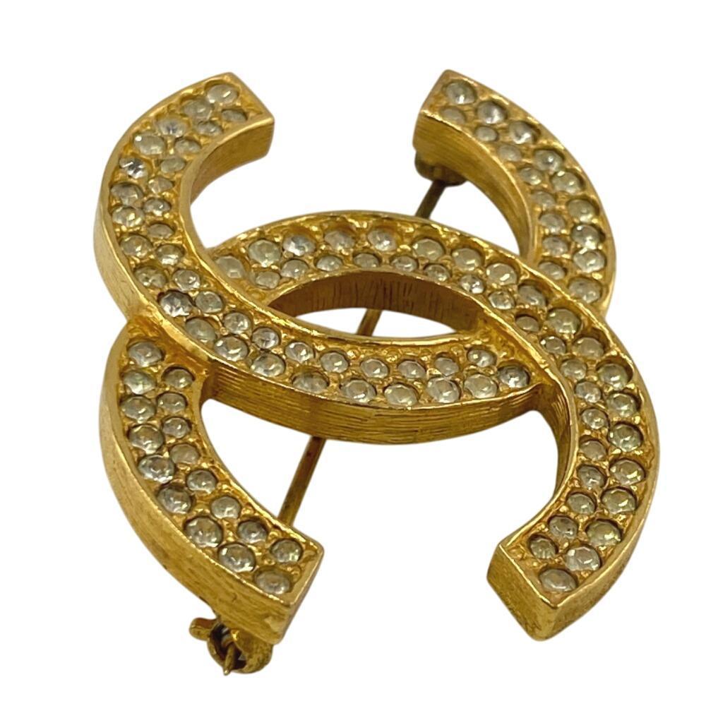 CHANEL ラインストーン174 CHANEL CC Logo Double Row Rhinestone Brooch Gold Tone 174