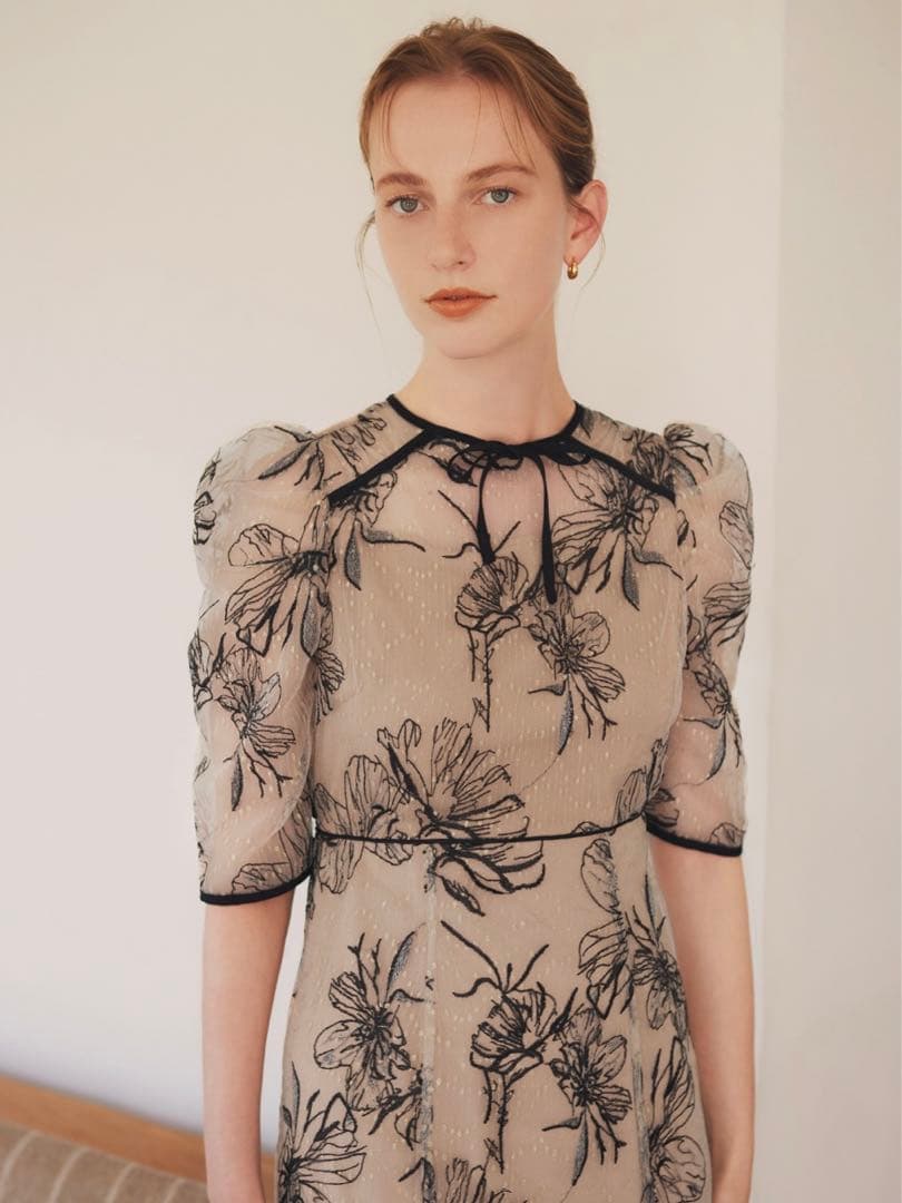 花柄リボンパフスリーブマーメイドワンピースドレス結婚式二次会パーティー成人式 花柄リボンパフスリーブマーメイドワンピースドレス結婚式二次会パーティー成人式