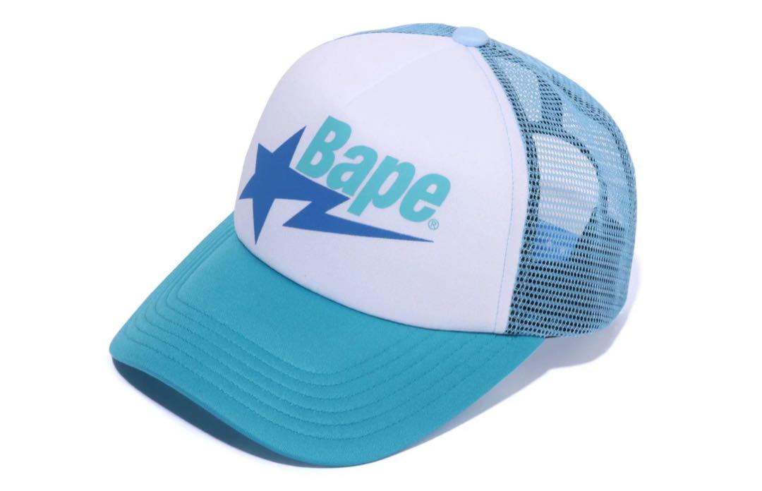 Bape メッシュキャップ ホワイト/ブルー　ロゴ入り