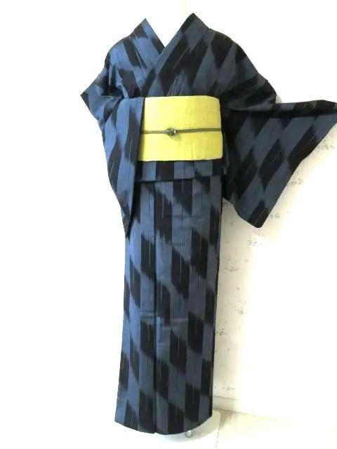 紺と水色の矢絣模様・正絹着物・美品　K‐98
