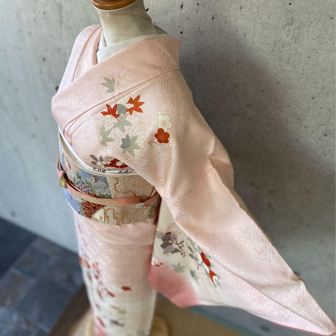 正絹　訪問着　一部金駒　花に雪輪柄　ピンク系　袷 正絹訪問着一部金駒花に雪輪柄ピンク系袷