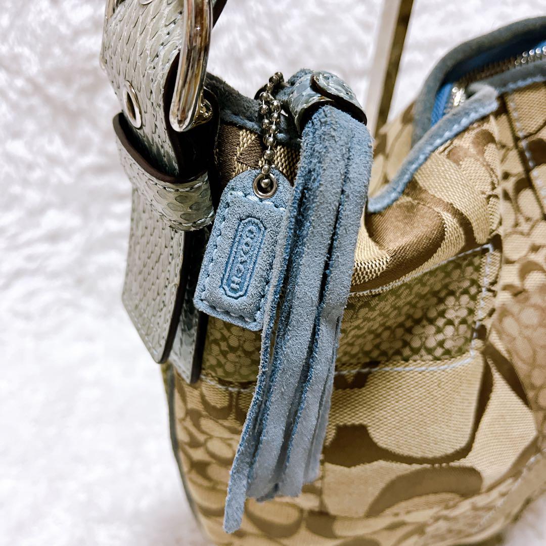 輝く高品質な パッチワーク コーチ COACH ハンドバッグ 水色 タッセル バッグ