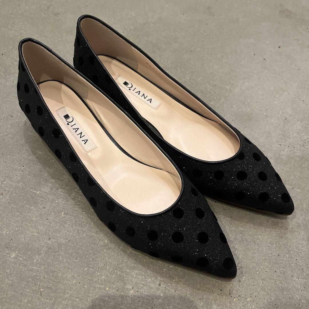 美品 DIANA ドット柄グリッター ポインテッドトゥ フラットパンプス