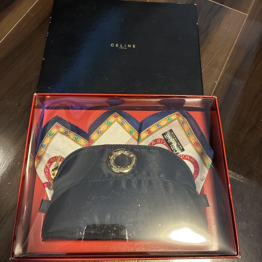 CELINE ネイビー ハンカチセット　サークルロゴ　ポーチ