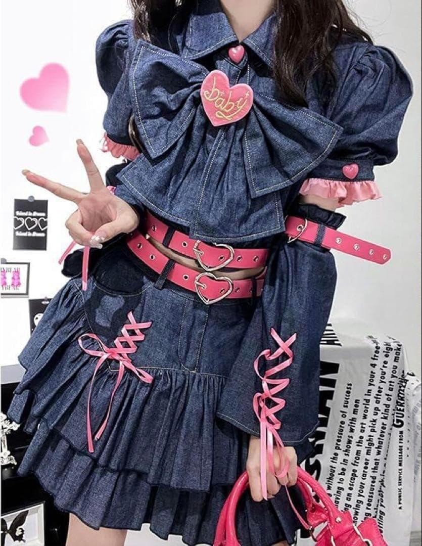 ロリータ風 ツーピース M 制服 ゴスロリ フリル セット衣装 ミニスカ デニム