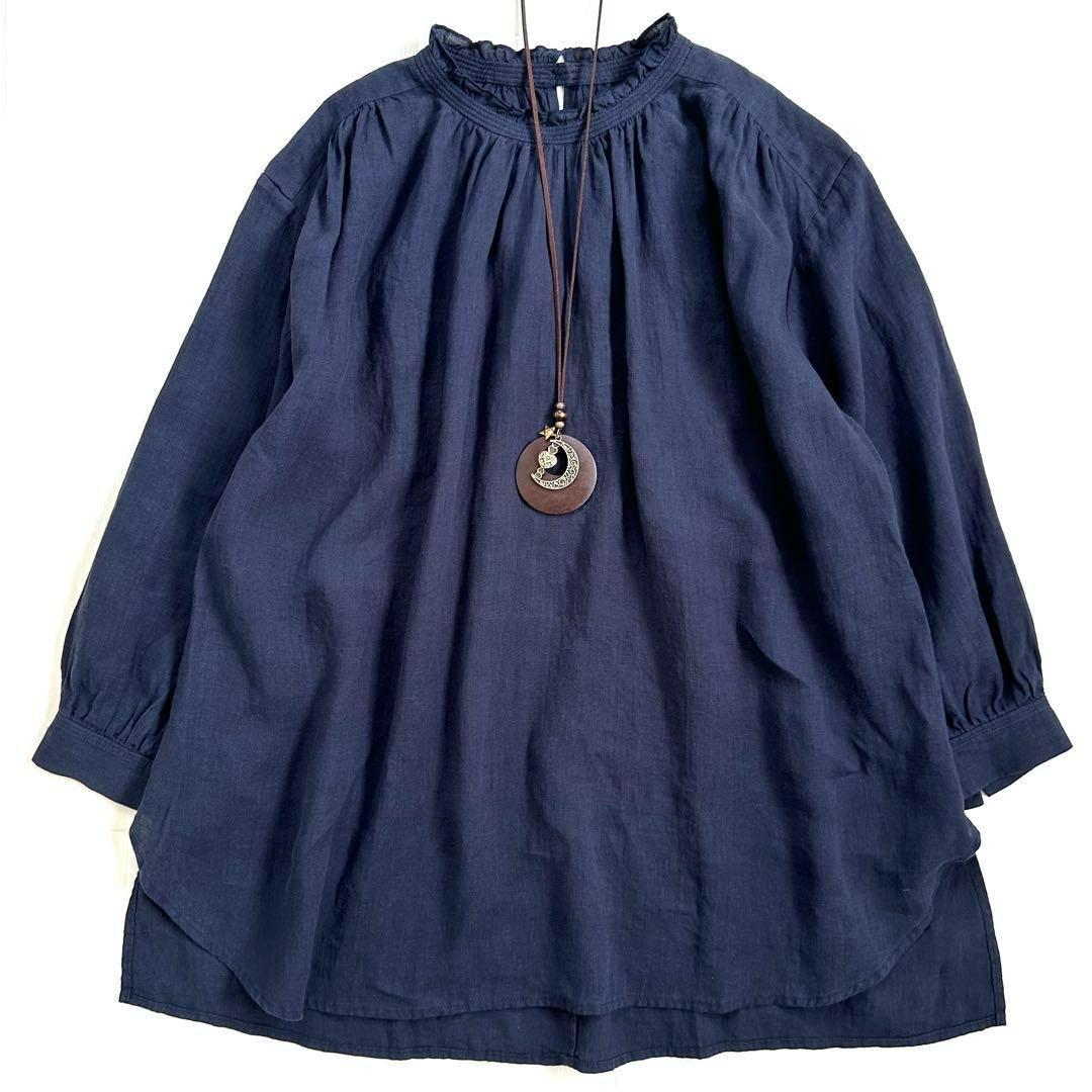 美品 パラスパレス フリルカラー リネン ブラウス 長袖 ネイビー