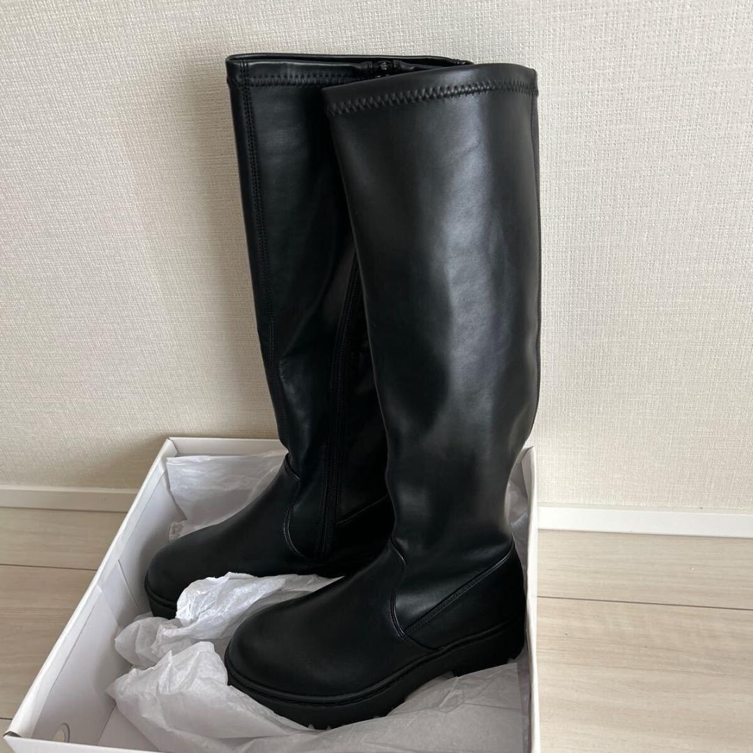 ロングブーツ 黒 サイドジップ ブーツ 厚底 レザー 22 22.5 疲れにくい 卸売 通販ファッション - ロングブーツ 黒 サイドジップ ブーツ