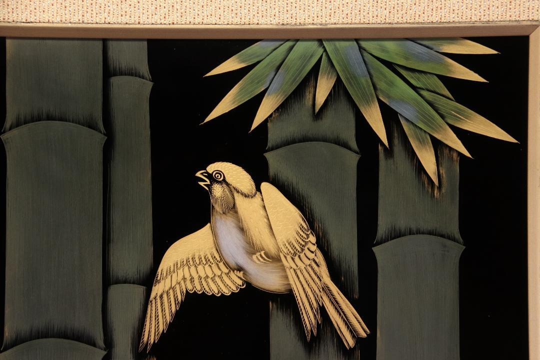 人気 本物保障 造 沈金蒔絵 竹鳥乃図 彫漆 pZgRM-m79726222467 額装 輪島塗 漆額 古坂栖崖 SALE新品