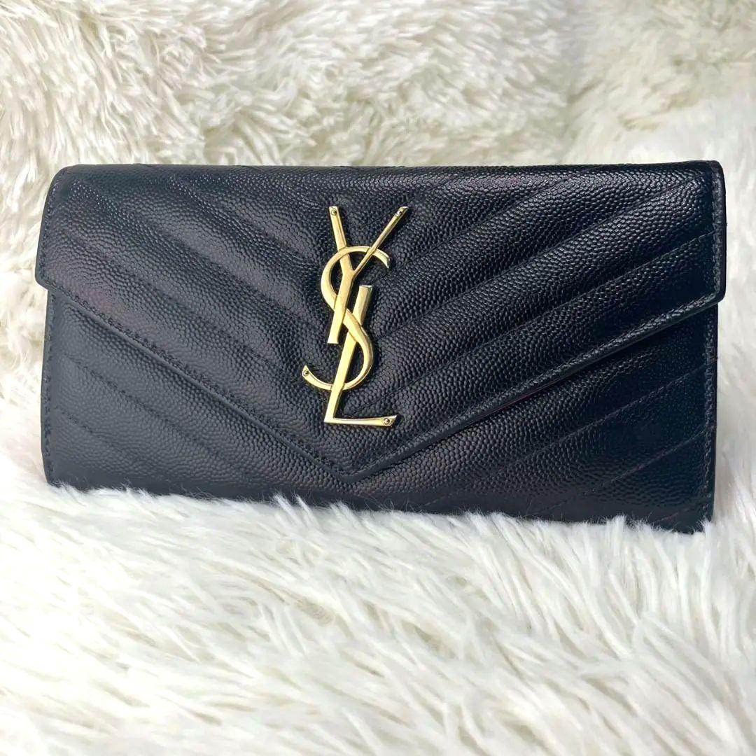 美品✨サンローラン♡バイカラー　フラップ長財布　キャビアスキン　Ｖキルティング
