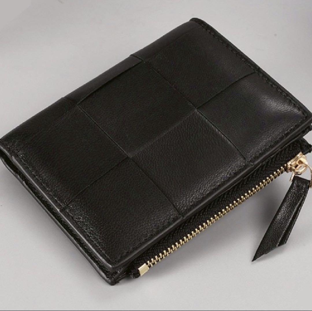 ブラック編み込み 二つ折り財布 ブラック 二つ折り財布 編み込み 黒 本革 レザー カード 小銭