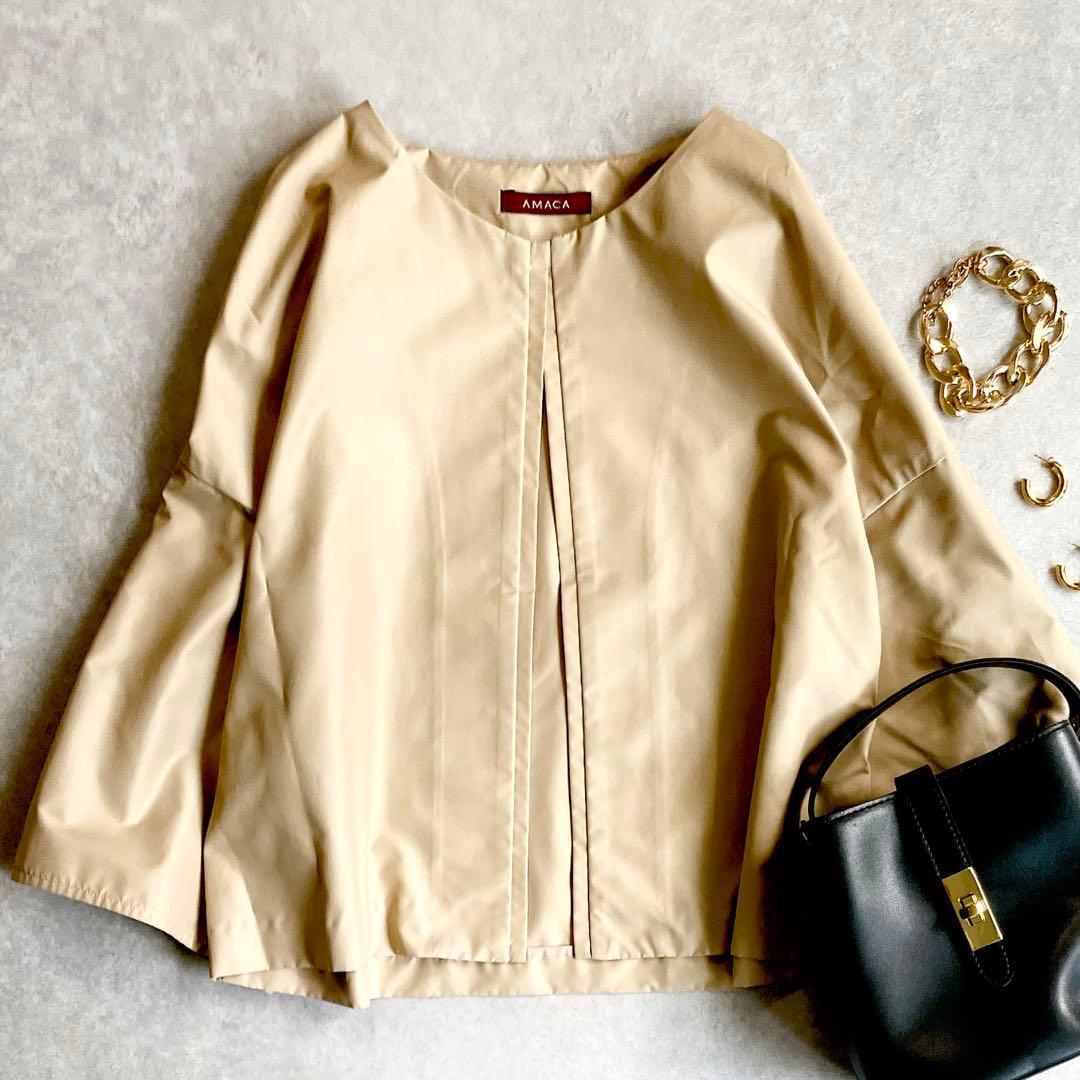 美品 アマカ AMACA ノーカラー五分袖ジャケット ライトアウター