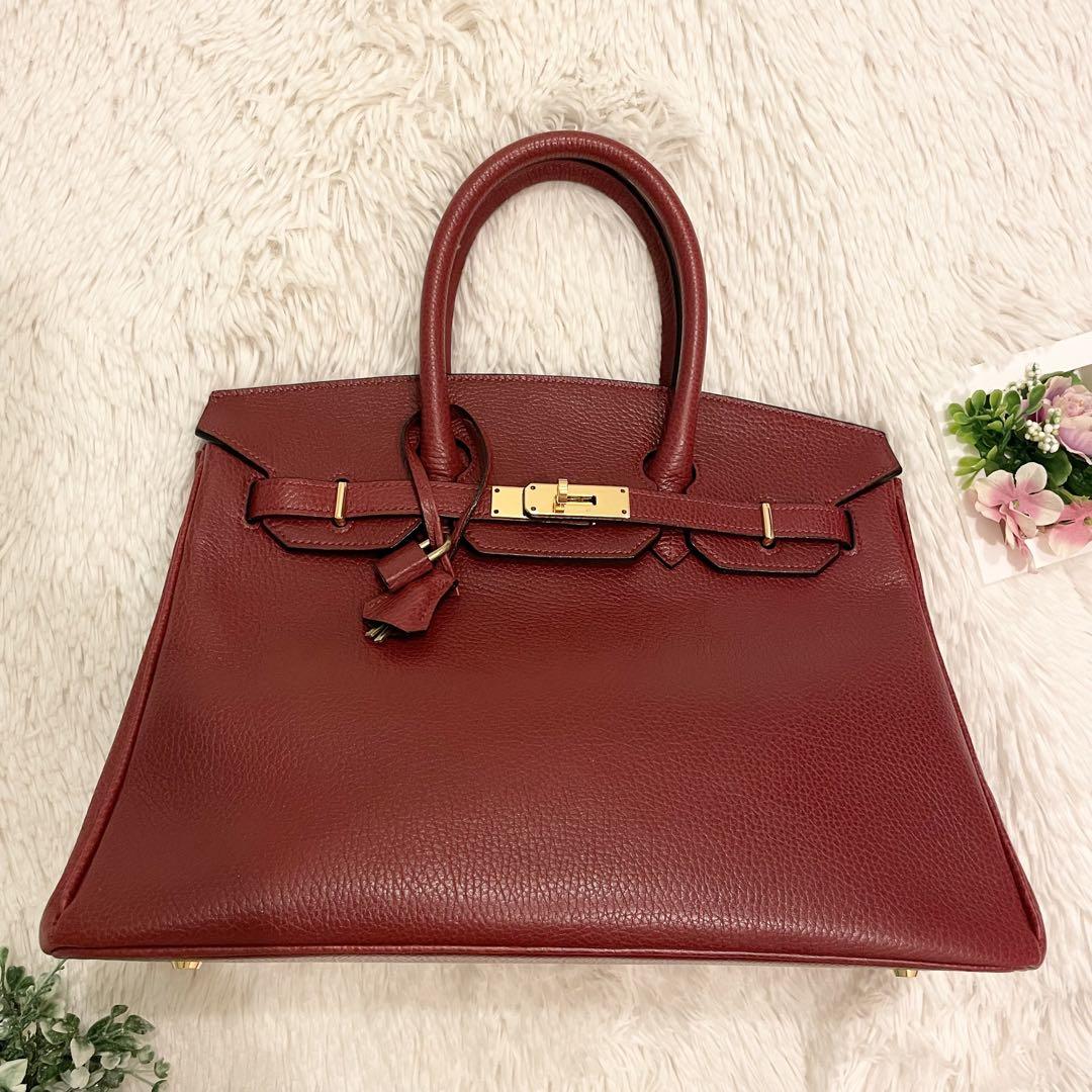 良品☆ 内縫い 35 シボレザー　牛革　ハンドバッグ  レッド　赤　金具ゴールド