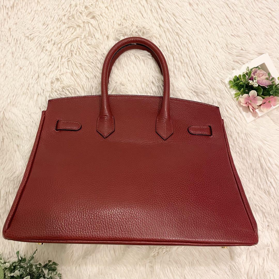 良品☆ 内縫い 35 シボレザー　牛革　ハンドバッグ  レッド　赤　金具ゴールド