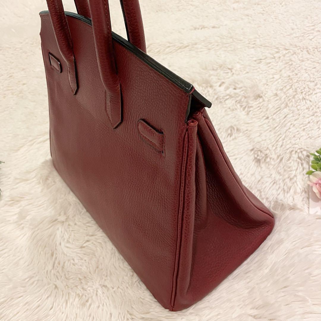良品☆ 内縫い 35 シボレザー　牛革　ハンドバッグ  レッド　赤　金具ゴールド