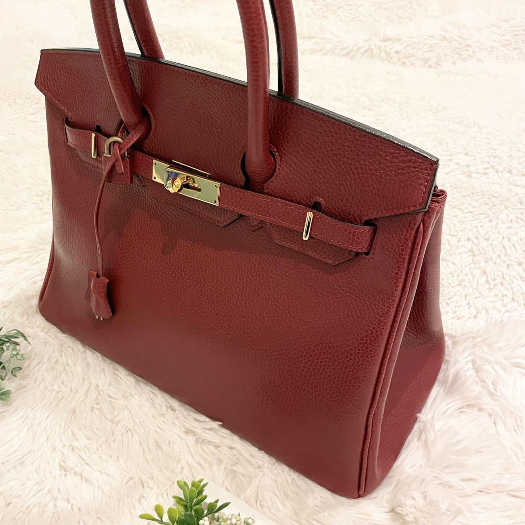 良品☆ 内縫い 35 シボレザー　牛革　ハンドバッグ  レッド　赤　金具ゴールド