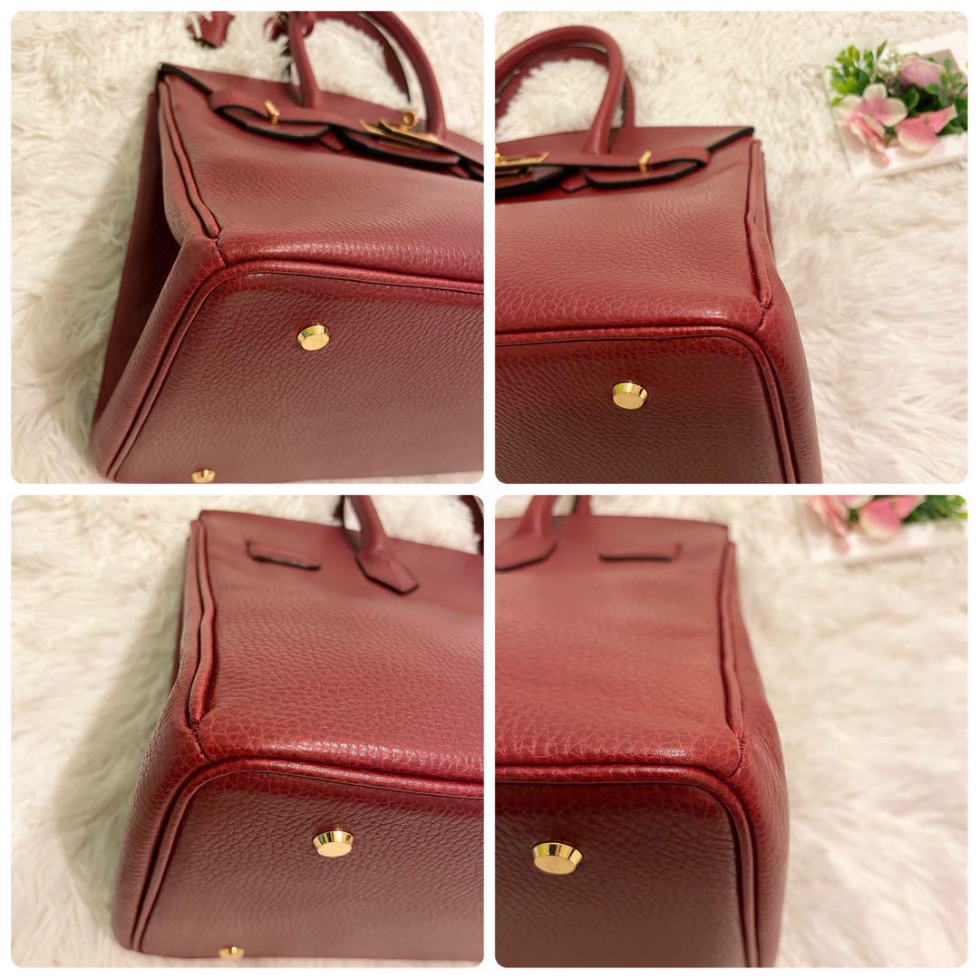 良品☆ 内縫い 35 シボレザー　牛革　ハンドバッグ  レッド　赤　金具ゴールド