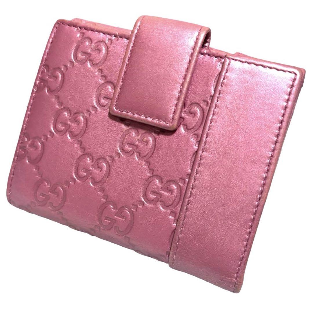グッチ 折り財布 GGシマ レザー メタルピンク チャーム ハート W