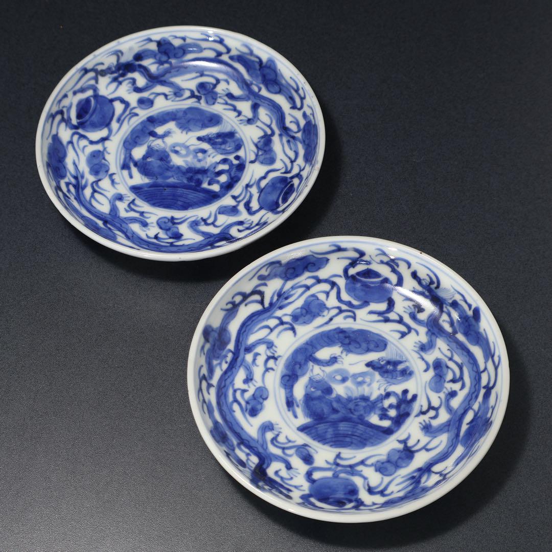 入荷中 伊万里染付龍図小皿2枚組 通り文 古伊万里 骨董 ∅11㎝ 工芸品