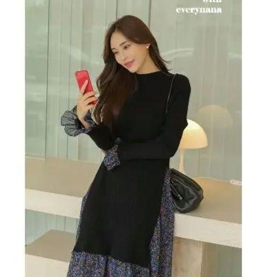 新品未使用　DHOLIC　花柄シフォンコントラストワンピース　Ｆ　ネイビー