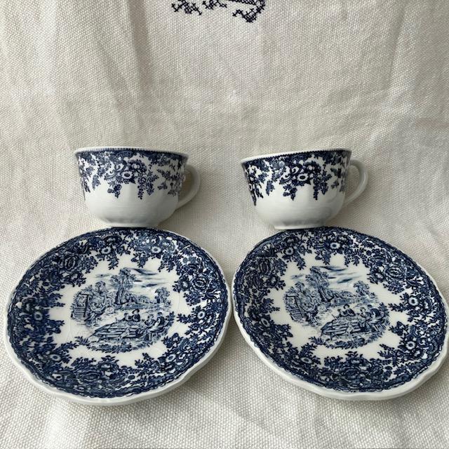 ２客◆極美品リュネヴィル窯 c&s 庭園お茶会柄＃クレイユモントローサルグミンヌ 2客◇極美品リュネヴィル窯 c&s 庭園お茶会柄＃クレイユ