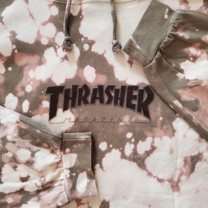 スラッシャー THRASHER カーキ 白 XL HEnJd-m79862755305 パーカー ブリーチ タイダイ 低価日本製