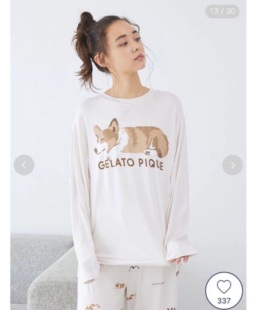 SLEEPING DOG柄ロングパンツ&ロンT セット　コーギー　オフホワイト