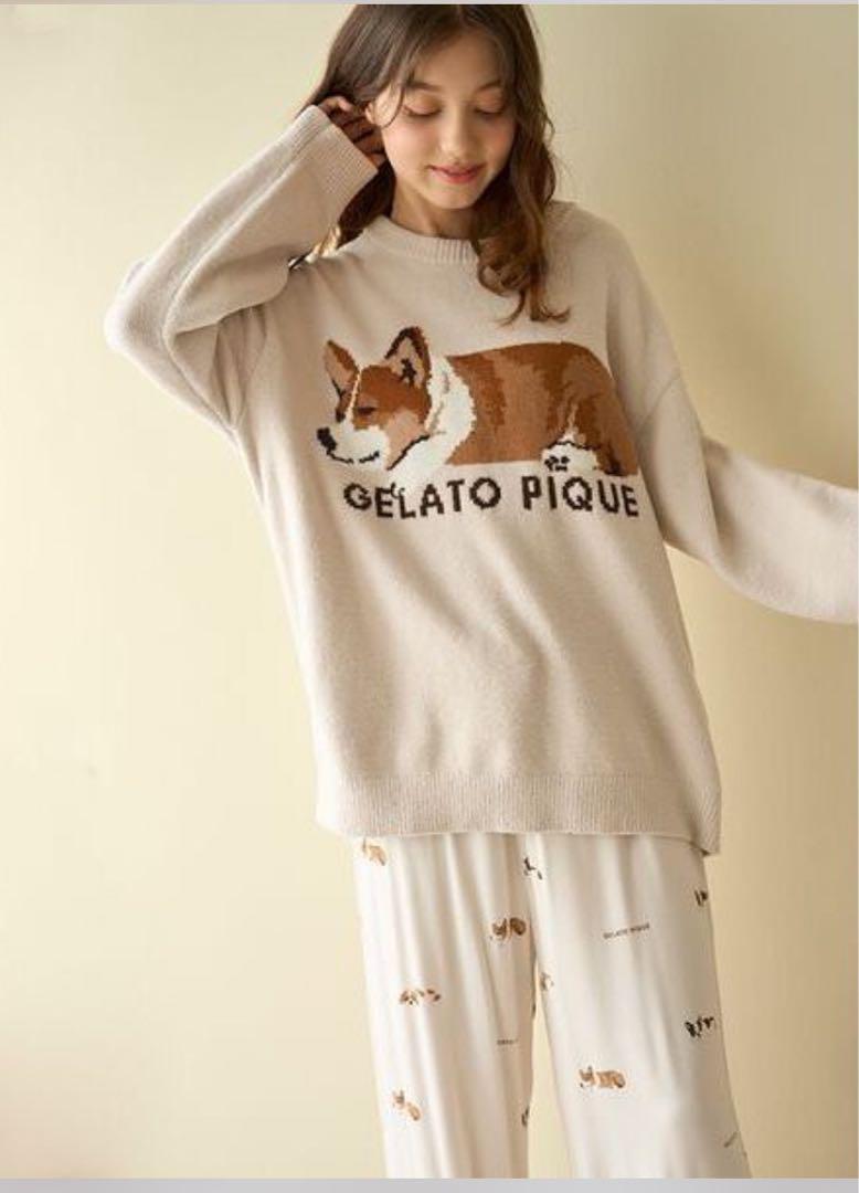 SLEEPING DOG柄ロングパンツ&ロンT セット　コーギー　オフホワイト