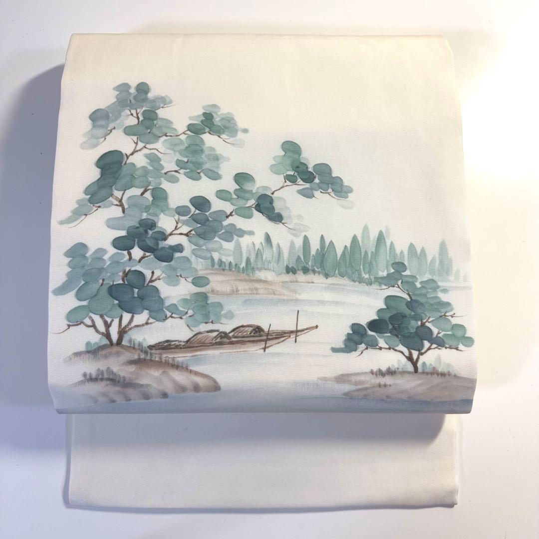 5k2999 名古屋帯 絹 塩瀬帯 作家物 落款 手書き 舟 白 緑 茶色 柄物目立った傷や汚れなし