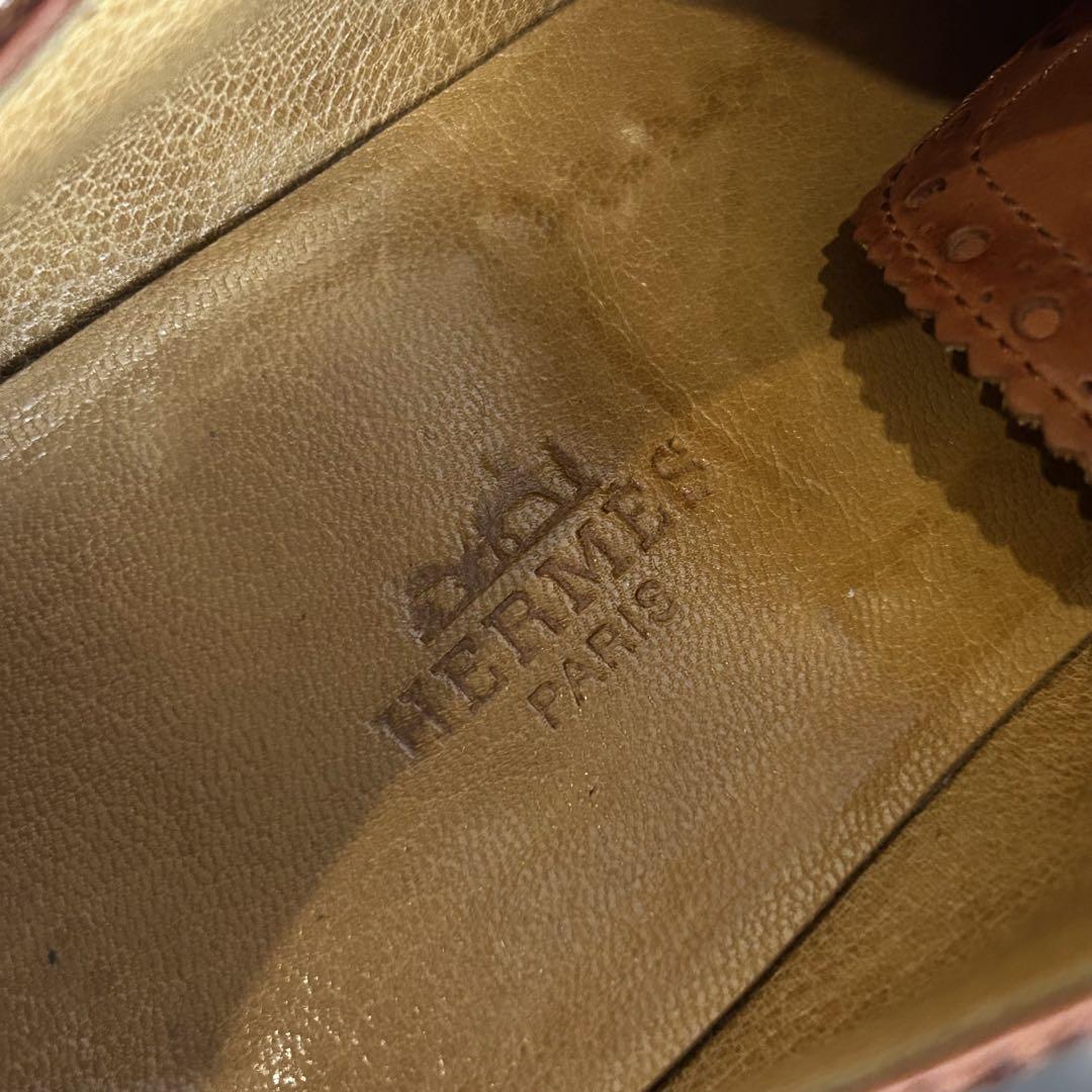 HERMES エルメス ウィングチップ シューズ メダリオン 茶色 保存袋付き