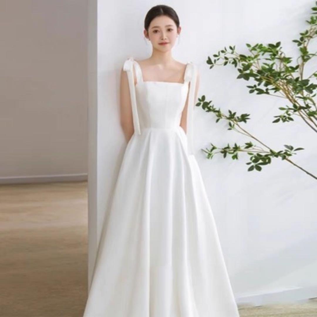 ウェディングドレス　サテン　リボン　前撮り　結婚式　フォト撮影　　二次会