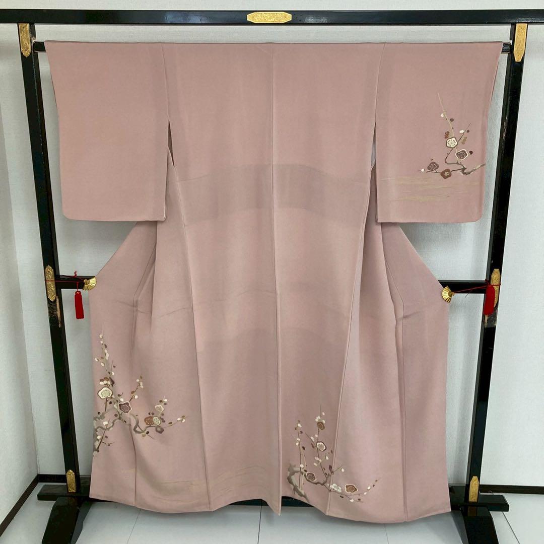付け下げ 縮緬 紋無し 梅の花 薄いピンク 正絹 広衿 袷 着物 U-5261